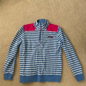 Vineyard Vines Striped Blue & White Quarter-Zip Sweater with Pink Accents